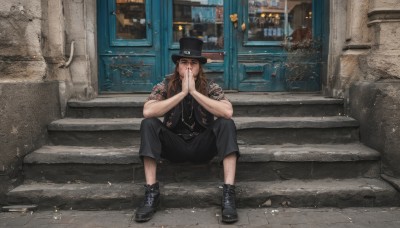 solo,long hair,looking at viewer,brown hair,shirt,1boy,hat,brown eyes,jewelry,sitting,full body,short sleeves,male focus,boots,shoes,pants,indoors,black footwear,vest,black shirt,window,black headwear,tattoo,muscular,black pants,own hands together,building,top hat,stairs,city,realistic,arm tattoo,1girl,jacket,outdoors,grey shirt,black vest