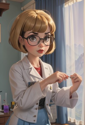 1girl,solo,looking at viewer,blush,short hair,bangs,skirt,blonde hair,brown hair,shirt,long sleeves,holding,brown eyes,standing,jacket,cowboy shot,pleated skirt,parted lips,open clothes,glasses,belt,artist name,indoors,nail polish,lips,blue skirt,fingernails,eyelashes,makeup,buttons,bob cut,white jacket,thick eyebrows,lipstick,curtains,red shirt,freckles,black-framed eyewear,nose,round eyewear,labcoat,red lips,mascara,cosmetics,window