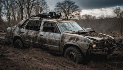 outdoors,sky,cloud,tree,military,no humans,cloudy sky,grass,ground vehicle,nature,scenery,motor vehicle,forest,rain,realistic,car,vehicle focus,dirty,bare tree,wheel,truck,tire,weapon,day,gun