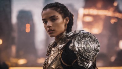 1girl,solo,long hair,looking at viewer,short hair,brown hair,black hair,brown eyes,jewelry,upper body,earrings,parted lips,dark skin,armor,mole,blurry,black eyes,dark-skinned female,lips,mole under eye,depth of field,blurry background,shoulder armor,pauldrons,breastplate,realistic,closed mouth,from side,portrait,gold armor