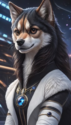 solo,long hair,looking at viewer,brown hair,long sleeves,1boy,brown eyes,jewelry,jacket,upper body,male focus,artist name,necklace,blurry,vest,fur trim,no humans,night,blurry background,animal,brooch,gem,furry,pendant,colored sclera,furry female,furry male,animal focus,white fur,fur,animal nose,whiskers,black fur,fluffy,1girl,smile,shirt,black hair,animal ears,closed mouth,animal ear fluff,watermark,fur collar,snout