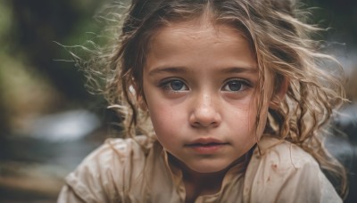 1girl,solo,long hair,looking at viewer,blue eyes,blonde hair,shirt,closed mouth,white shirt,blurry,lips,grey eyes,depth of field,blurry background,expressionless,messy hair,portrait,close-up,freckles,realistic,nose,brown hair,eyelashes,wind,forehead