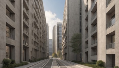 outdoors,sky,day,cloud,tree,blue sky,no humans,window,sunlight,cloudy sky,plant,building,scenery,city,road,bush,cityscape,lamppost,street,skyscraper,crosswalk,shadow,watermark