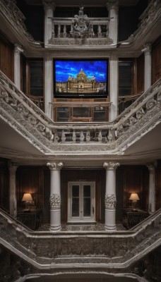 sky,cloud,indoors,no humans,window,night,scenery,stairs,door,railing,lamp,candle,architecture,pillar,picture frame,statue,painting (object),carpet,candlestand,chandelier,chair,night sky,arch,column