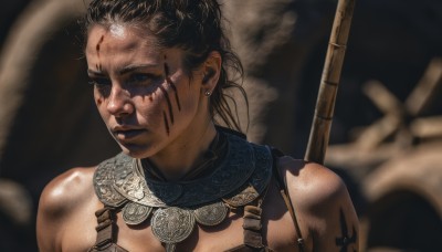 1girl,solo,short hair,black hair,bare shoulders,jewelry,closed mouth,closed eyes,upper body,weapon,earrings,solo focus,dark skin,armor,mole,blurry,dark-skinned female,lips,blood,tattoo,depth of field,blurry background,scar,polearm,portrait,spear,injury,blood on face,realistic,nose,facepaint,tribal,hair bun,single hair bun