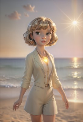 1girl,solo,breasts,looking at viewer,smile,short hair,bangs,blonde hair,brown hair,shirt,long sleeves,brown eyes,jewelry,standing,jacket,white shirt,heart,cowboy shot,small breasts,outdoors,parted lips,open clothes,sky,shorts,belt,artist name,cloud,signature,water,necklace,blurry,open jacket,lips,looking to the side,short shorts,buttons,depth of field,blurry background,glowing,ocean,beach,formal,sunlight,white jacket,sleeves rolled up,backlighting,sunset,white shorts,arms at sides,sun,horizon,heart necklace,day,makeup,lipstick,red lips