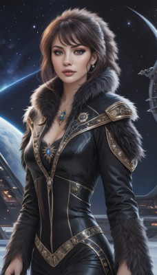 1girl,solo,breasts,looking at viewer,short hair,bangs,brown hair,long sleeves,cleavage,brown eyes,jewelry,medium breasts,standing,cowboy shot,earrings,parted lips,sky,pants,artist name,signature,hood,necklace,lips,fur trim,makeup,night,watermark,black pants,moon,gem,star (sky),night sky,web address,pendant,hood up,starry sky,realistic,nose,arms at sides,space,planet,shooting star,holding,outdoors,architecture