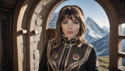 1girl,solo,long hair,looking at viewer,bangs,brown hair,brown eyes,upper body,parted lips,sky,day,indoors,medium hair,uniform,blue sky,lips,looking to the side,military,window,military uniform,mountain,realistic,black hair,jacket,outdoors,scenery,emblem,badge