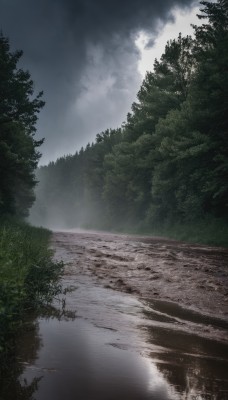 outdoors,sky,day,cloud,water,tree,no humans,cloudy sky,nature,scenery,forest,reflection,bush,river,landscape,fog,grey sky,grass,lake,overcast