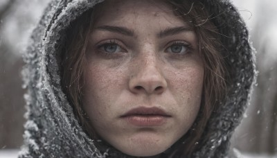 1girl,solo,looking at viewer,short hair,brown hair,closed mouth,outdoors,parted lips,hood,blurry,black eyes,lips,grey eyes,eyelashes,depth of field,blurry background,portrait,snow,close-up,hood up,freckles,snowing,realistic,nose,winter,fur trim