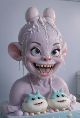 1girl,solo,smile,open mouth,blue eyes,collarbone,upper body,teeth,wet,monster girl,dog,realistic,what,looking at viewer,sweat,pointy ears,artist name,indoors,no humans,saliva,colored skin,creature,suggestive fluid,pink skin