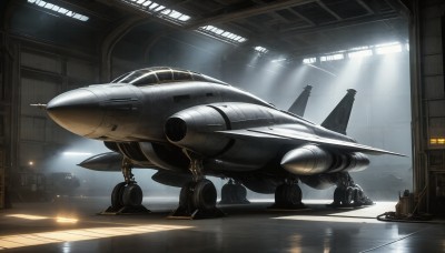 HQ,indoors,signature,military,no humans,window,sunlight,reflection,flying,science fiction,light rays,realistic,aircraft,military vehicle,airplane,light,sunbeam,vehicle focus,spacecraft,lights,jet,fighter jet,pilot,cockpit