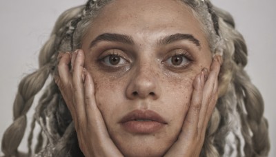 1girl,solo,long hair,looking at viewer,simple background,brown hair,white background,brown eyes,braid,hairband,parted lips,grey background,mole,blurry,lips,eyelashes,portrait,mole under mouth,freckles,realistic,nose,hands on own face,hands on own cheeks,close-up,mole on cheek