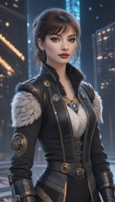 1girl,solo,breasts,looking at viewer,short hair,brown hair,gloves,long sleeves,brown eyes,jewelry,jacket,earrings,outdoors,necklace,blurry,lips,coat,black jacket,fur trim,makeup,night,blurry background,lipstick,gauntlets,fur collar,city,realistic,nose,red lips,leather,bangs,shirt,medium breasts,closed mouth,standing,upper body,open clothes,artist name,signature,building,gem,city lights