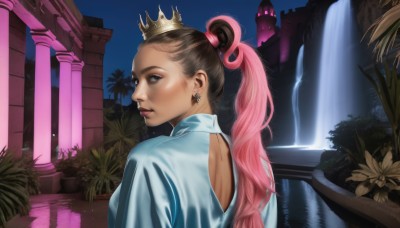 1girl,solo,long hair,looking at viewer,blue eyes,brown hair,shirt,jewelry,upper body,ponytail,pink hair,multicolored hair,earrings,parted lips,sky,looking back,water,from behind,two-tone hair,lips,makeup,night,back,crown,plant,nose,potted plant,pillar,waterfall,fountain,blonde hair,flower,realistic