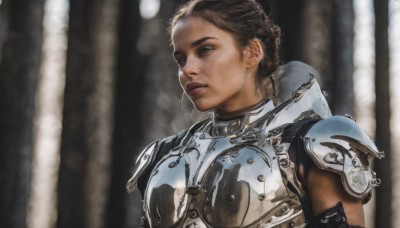 1girl,solo,short hair,brown hair,brown eyes,upper body,armor,mole,blurry,lips,blurry background,shoulder armor,freckles,pauldrons,breastplate,realistic,nose,plate armor,closed mouth,mole on cheek