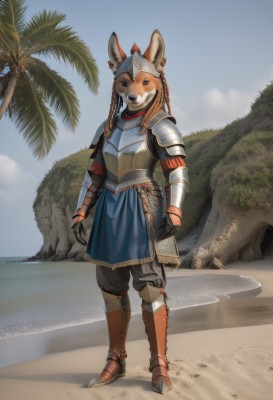 1girl,solo,looking at viewer,gloves,animal ears,jewelry,standing,full body,braid,earrings,boots,outdoors,sky,day,pants,cloud,water,armor,black eyes,tree,blue sky,ocean,beach,helmet,shoulder armor,gauntlets,furry,1other,pauldrons,breastplate,sand,palm tree,furry female,greaves,faulds,chainmail,long hair,blue eyes,orange hair,twin braids,fox ears,armored boots,ears through headwear