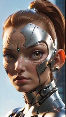 1girl,solo,long hair,looking at viewer,brown hair,brown eyes,closed mouth,ponytail,blurry,lips,eyelashes,makeup,blurry background,headgear,high ponytail,portrait,close-up,freckles,science fiction,realistic,nose,android,cyborg,hair pulled back,cyberpunk,mechanical parts,jewelry,earrings,artist name,signature,armor,bodysuit,forehead,backlighting,forehead jewel