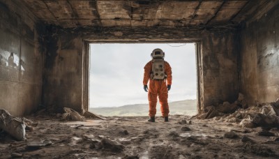 1girl,solo,gloves,standing,male focus,boots,black gloves,indoors,bag,from behind,window,backpack,helmet,scenery,1other,walking,science fiction,rock,ruins,wide shot,ambiguous gender,debris,spacesuit,astronaut,1boy,crack,rubble