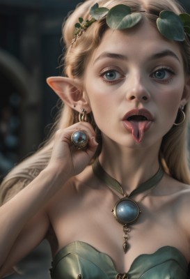 1girl,solo,long hair,breasts,looking at viewer,open mouth,blue eyes,blonde hair,hair ornament,dress,cleavage,bare shoulders,jewelry,medium breasts,collarbone,upper body,earrings,teeth,choker,tongue,pointy ears,hand up,tongue out,necklace,blurry,lips,eyelashes,blurry background,leaf,piercing,ring,elf,gem,freckles,green dress,realistic,nose,head wreath,fellatio gesture,strapless,saliva,upper teeth only,thick eyebrows,strapless dress,laurel crown