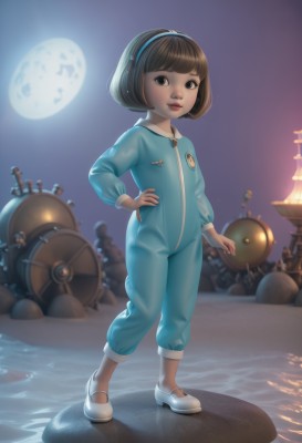 1girl,solo,looking at viewer,smile,short hair,bangs,brown hair,black hair,long sleeves,brown eyes,standing,full body,hairband,outdoors,parted lips,shoes,pants,blunt bangs,water,black eyes,lips,hand on hip,night,moon,white footwear,bob cut,robot,child,full moon,rock,female child,no socks,jumpsuit,watermark,night sky,blue hairband,badge,kindergarten uniform