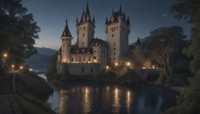 outdoors,sky,cloud,water,tree,no humans,night,bird,moon,grass,building,nature,night sky,scenery,forest,reflection,stairs,mountain,fantasy,watercraft,crescent moon,bridge,river,castle,tower,boat,lake,star (sky),starry sky,landscape,reflective water