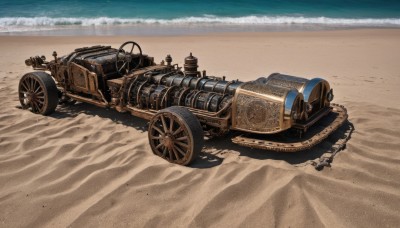 outdoors,day,water,military,no humans,ocean,beach,ground vehicle,scenery,motor vehicle,sand,cannon,military vehicle,vehicle focus,world war ii,desert,wheel,tire,waves,shore