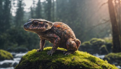 solo,yellow eyes,outdoors,day,signature,water,blurry,tree,no humans,depth of field,blurry background,animal,sunlight,grass,nature,claws,forest,rock,realistic,scales,animal focus,moss,turtle,dinosaur,lizard,blue eyes,from side,scenery,fish,light rays,frog