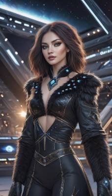 1girl,solo,long hair,breasts,looking at viewer,brown hair,gloves,long sleeves,cleavage,brown eyes,jewelry,standing,cowboy shot,earrings,small breasts,parted lips,black gloves,belt,indoors,medium hair,lips,fur trim,bodysuit,makeup,night,watermark,gem,realistic,nose,center opening,arms at sides,plunging neckline,medium breasts,closed mouth,artist name,signature,necklace,bra,lipstick,star (sky),eyeshadow,starry sky,backlighting,fur collar,black bodysuit