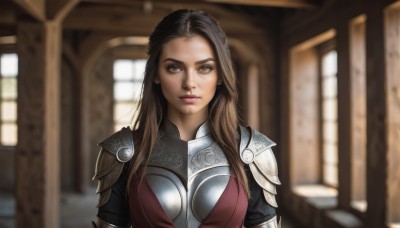 1girl,solo,long hair,breasts,looking at viewer,brown hair,brown eyes,jewelry,closed mouth,yellow eyes,upper body,multicolored hair,earrings,indoors,armor,blurry,two-tone hair,lips,window,makeup,blurry background,shoulder armor,pauldrons,breastplate,realistic,medium breasts,sunlight,forehead,nose