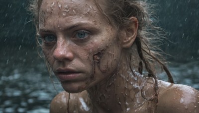 1girl,solo,looking at viewer,blue eyes,blonde hair,outdoors,parted lips,water,blurry,lips,wet,blurry background,portrait,rain,realistic,nose,wet hair,short hair,bare shoulders,closed mouth,grey eyes,close-up,freckles,dirty