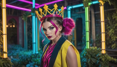 1girl,solo,looking at viewer,short hair,shirt,black hair,brown eyes,jewelry,closed mouth,jacket,upper body,pink hair,purple hair,multicolored hair,earrings,outdoors,sleeveless,hair bun,blurry,black eyes,vest,two-tone hair,lips,streaked hair,eyelashes,makeup,single hair bun,plant,lipstick,eyeshadow,nose,red lips,purple lips,flower,artist name,grey eyes,double bun,watermark,crown,neon lights