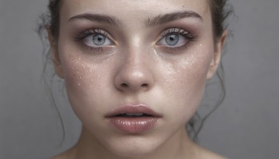 1girl,solo,looking at viewer,open mouth,blue eyes,simple background,brown hair,parted lips,teeth,shiny,grey background,mole,lips,grey eyes,eyelashes,mole under eye,portrait,close-up,freckles,realistic,nose,eye focus,mole on cheek,straight-on