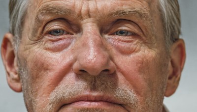 solo,looking at viewer,simple background,1boy,brown eyes,closed mouth,grey hair,male focus,grey background,blurry,facial hair,portrait,close-up,realistic,mustache,manly,old,old man,wrinkled skin,white hair,signature,grey eyes,beard,bald