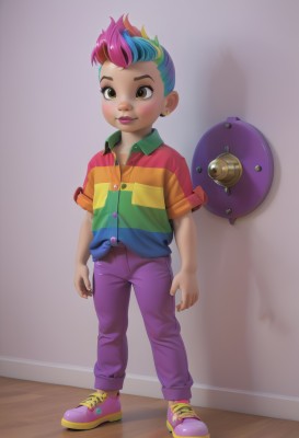 1girl,solo,looking at viewer,blush,smile,short hair,shirt,1boy,brown eyes,jewelry,closed mouth,blue hair,standing,full body,pink hair,short sleeves,male focus,multicolored hair,earrings,green hair,shoes,collared shirt,pants,artist name,dark skin,two-tone hair,makeup,shadow,lipstick,sneakers,child,multicolored clothes,personification,female child,male child,mohawk,purple pants,buttons,freckles,green shirt,pink footwear