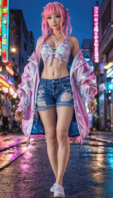 1girl,solo,long hair,breasts,looking at viewer,bangs,blue eyes,long sleeves,navel,cleavage,jewelry,medium breasts,standing,jacket,swimsuit,full body,pink hair,bikini,outdoors,open clothes,shoes,shorts,midriff,necklace,off shoulder,blurry,open jacket,lips,coat,see-through,torn clothes,short shorts,night,blurry background,white footwear,denim,front-tie top,bikini top only,walking,blue shorts,denim shorts,city,realistic,pink jacket,cutoffs,hair ornament,twintails,sky,sandals