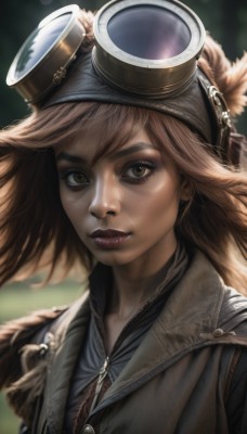 1girl,solo,long hair,looking at viewer,smile,short hair,bangs,brown hair,shirt,hat,brown eyes,closed mouth,upper body,artist name,signature,blurry,vest,lips,makeup,depth of field,blurry background,lipstick,goggles,portrait,zipper,freckles,goggles on head,realistic,nose,goggles on headwear,jewelry,jacket,parted lips,eyelashes,watermark,thick eyebrows,web address,leather,leather jacket