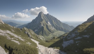 outdoors,sky,day,cloud,water,tree,blue sky,no humans,ocean,cloudy sky,grass,nature,scenery,forest,rock,mountain,horizon,landscape,mountainous horizon,cliff,signature