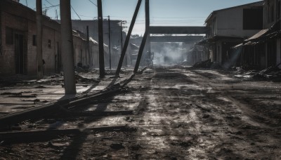 outdoors,sky,day,cloud,no humans,window,building,scenery,smoke,road,ruins,power lines,street,utility pole,fog,blue sky,snow,house