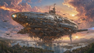 outdoors,sky,cloud,signature,water,tree,military,no humans,bird,ocean,sunlight,cloudy sky,building,nature,scenery,forest,flying,science fiction,sunset,mountain,aircraft,sun,military vehicle,airplane,watercraft,vehicle focus,river,ship,landscape,spacecraft,airship,realistic