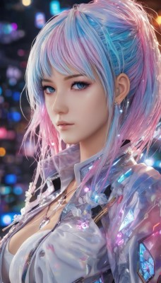 1girl,solo,long hair,breasts,looking at viewer,bangs,blue eyes,large breasts,shirt,cleavage,jewelry,medium breasts,blue hair,jacket,upper body,ponytail,pink hair,multicolored hair,earrings,parted lips,open clothes,necklace,blurry,two-tone hair,open jacket,lips,eyelashes,makeup,blurry background,pendant,nose,white shirt,sidelocks,artist name,gradient hair,depth of field,white jacket,eyeshadow,science fiction,realistic,bokeh,cyberpunk