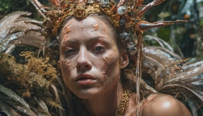 1girl,solo,long hair,looking at viewer,blue eyes,hair ornament,jewelry,outdoors,parted lips,wings,necklace,blurry,black eyes,lips,grey eyes,blurry background,portrait,realistic,gold,bare shoulders,closed mouth,signature,eyelashes,depth of field,crown,antlers,bone,wheat