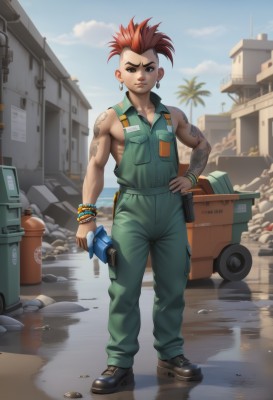 solo,looking at viewer,short hair,1boy,holding,brown eyes,jewelry,standing,full body,male focus,red hair,multicolored hair,earrings,outdoors,sky,shoes,sleeveless,day,artist name,cloud,water,black eyes,bracelet,tree,blue sky,hand on hip,tattoo,muscular,ground vehicle,building,box,motor vehicle,pocket,palm tree,car,overalls,arm tattoo,shoulder tattoo,mohawk,tire,1girl,smile,orange hair,piercing,bottle,spiked hair,ear piercing,rock