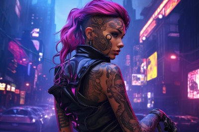 1girl,solo,long hair,looking at viewer,gloves,bare shoulders,jewelry,purple eyes,upper body,ponytail,pink hair,purple hair,earrings,outdoors,sleeveless,looking back,dark skin,from behind,blurry,vest,dark-skinned female,lips,tattoo,profile,makeup,night,blurry background,piercing,lipstick,ground vehicle,motor vehicle,city,nose,car,arm tattoo,mechanical arms,shoulder tattoo,undercut,facial tattoo,cyborg,hair pulled back,cyberpunk,neon lights,alternate costume,bag,backpack,street