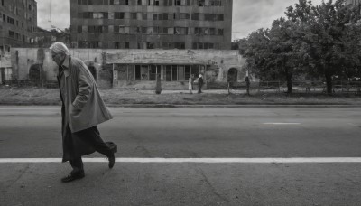 solo,short hair,shirt,long sleeves,1boy,standing,jacket,monochrome,greyscale,male focus,outdoors,multiple boys,sky,shoes,pants,cloud,tree,coat,facial hair,building,scenery,walking,running,cigarette,city,hands in pockets,smoking,road,street,open clothes,solo focus,cloudy sky,faceless,open coat,lamppost,crosswalk