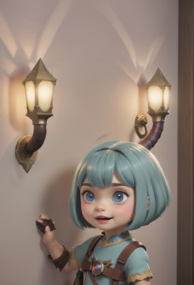 1girl,solo,blush,smile,short hair,open mouth,bangs,blue eyes,shirt,gloves,jewelry,blue hair,upper body,short sleeves,parted lips,horns,teeth,black gloves,hand up,signature,blunt bangs,fingerless gloves,bag,upper teeth only,blue shirt,child,brown gloves,lantern,female child,lamp,looking at viewer,:d,shiny,blurry,shiny hair,blurry background