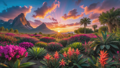 flower, outdoors, sky, cloud, tree, no humans, sunlight, cloudy sky, grass, plant, nature, scenery, sunset, mountain, sun