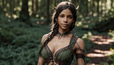 1girl,solo,long hair,breasts,looking at viewer,smile,brown hair,black hair,cleavage,brown eyes,jewelry,medium breasts,upper body,braid,earrings,horns,choker,necklace,blurry,lips,depth of field,blurry background,hair over shoulder,armlet,freckles,realistic,large breasts,bare shoulders,dark skin,nature