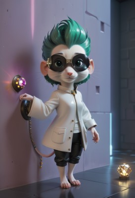 solo,looking at viewer,smile,short hair,shirt,long sleeves,1boy,holding,jewelry,green eyes,standing,tail,full body,white shirt,male focus,green hair,glasses,barefoot,pants,indoors,black pants,gem,child,furry,round eyewear,labcoat,furry male,male child,whiskers,blue eyes,artist name,shadow