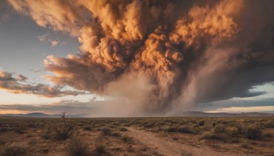 outdoors,sky,day,cloud,tree,blue sky,no humans,cloudy sky,grass,nature,scenery,smoke,sunset,mountain,road,field,explosion,landscape,horizon